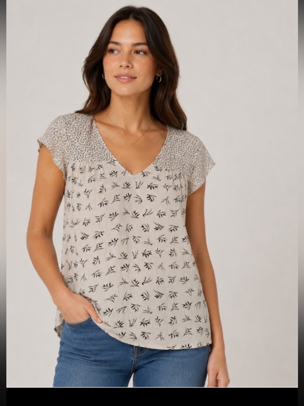 Lucky Brand Beige Printed Mixed Media V-Neck Botanical Print Flutter Sleeve Top